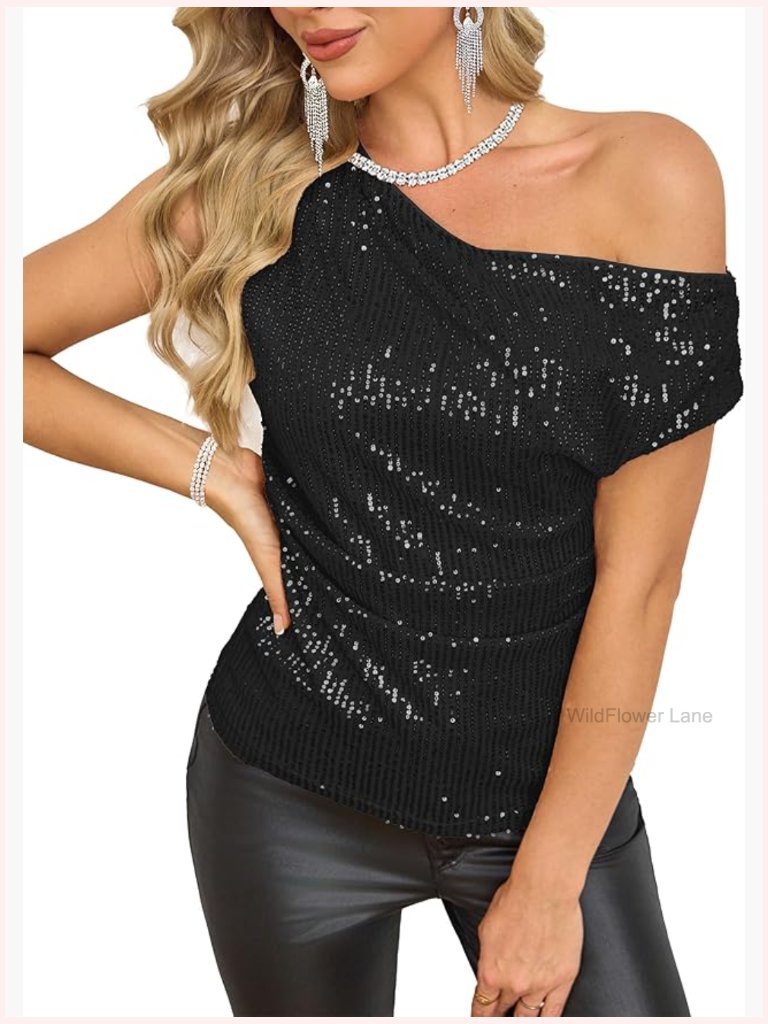 Off Shoulder Sequin Top Sparkly Glitter Blouse Asymmetrical Ruched Tops